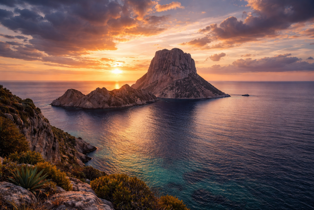Es Vedrà island at sunset viewed from Cala d’Hort Ibiza