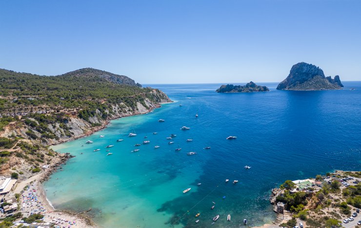 Full landscape view of Es Vedra island from Ibiza coastline